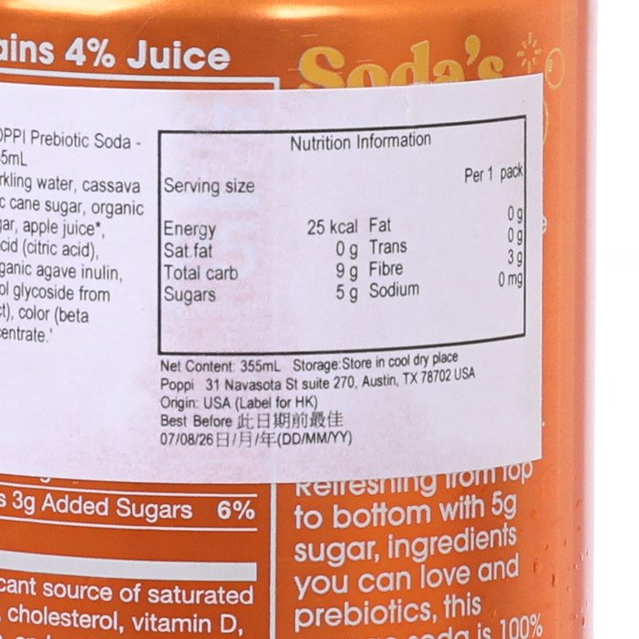 POPPI orange prebiotic soda nutrition information panel on can