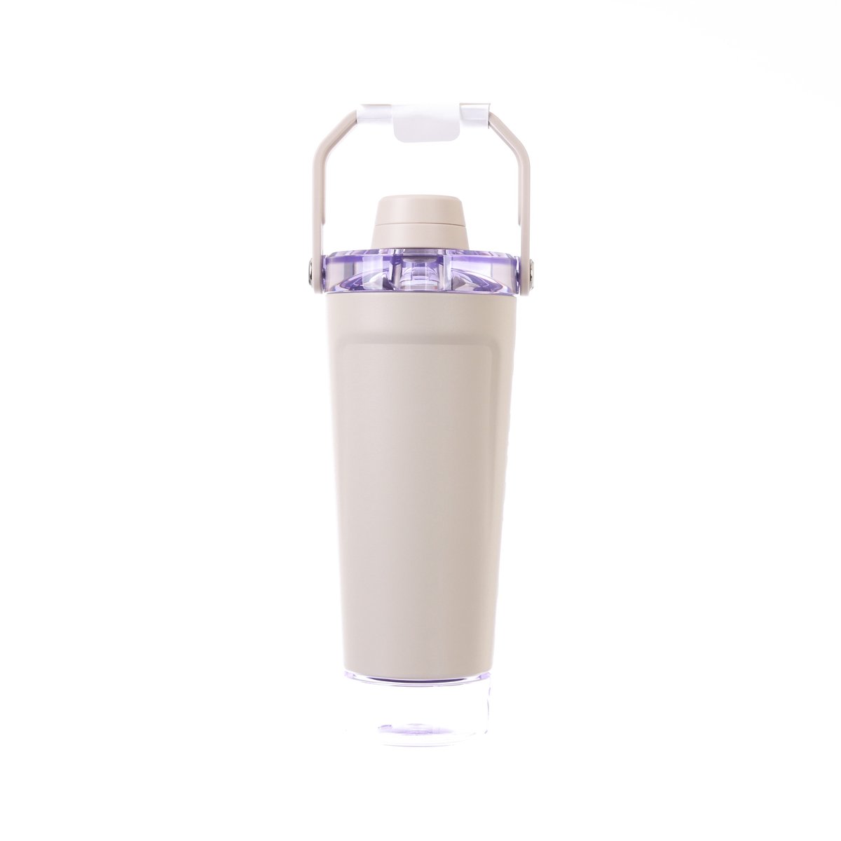 20 oz light beige shaker bottle with handle and flip-top lid, clear shaker insert