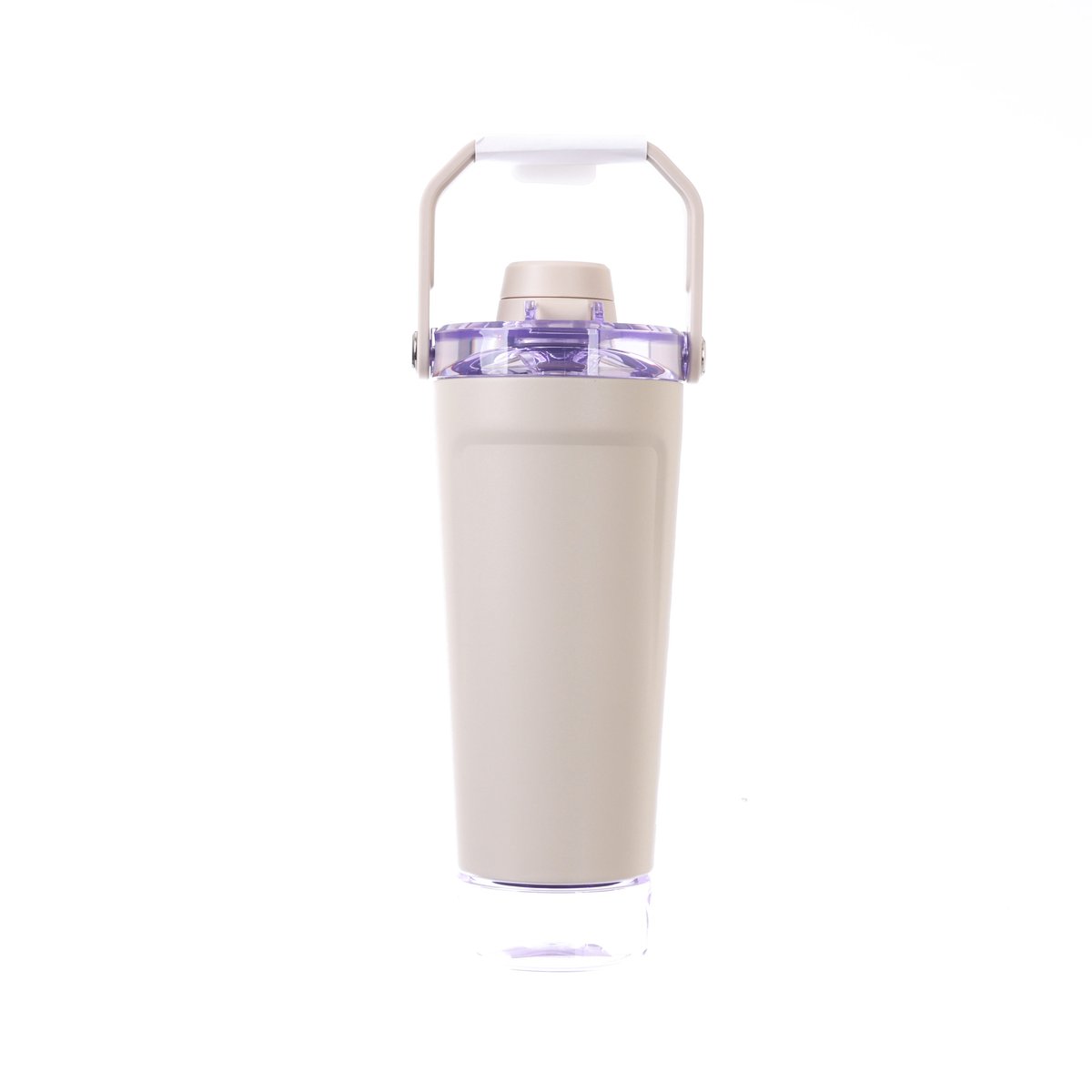 20 oz light beige shaker bottle with wide handle and snap lid, clear shaker insert