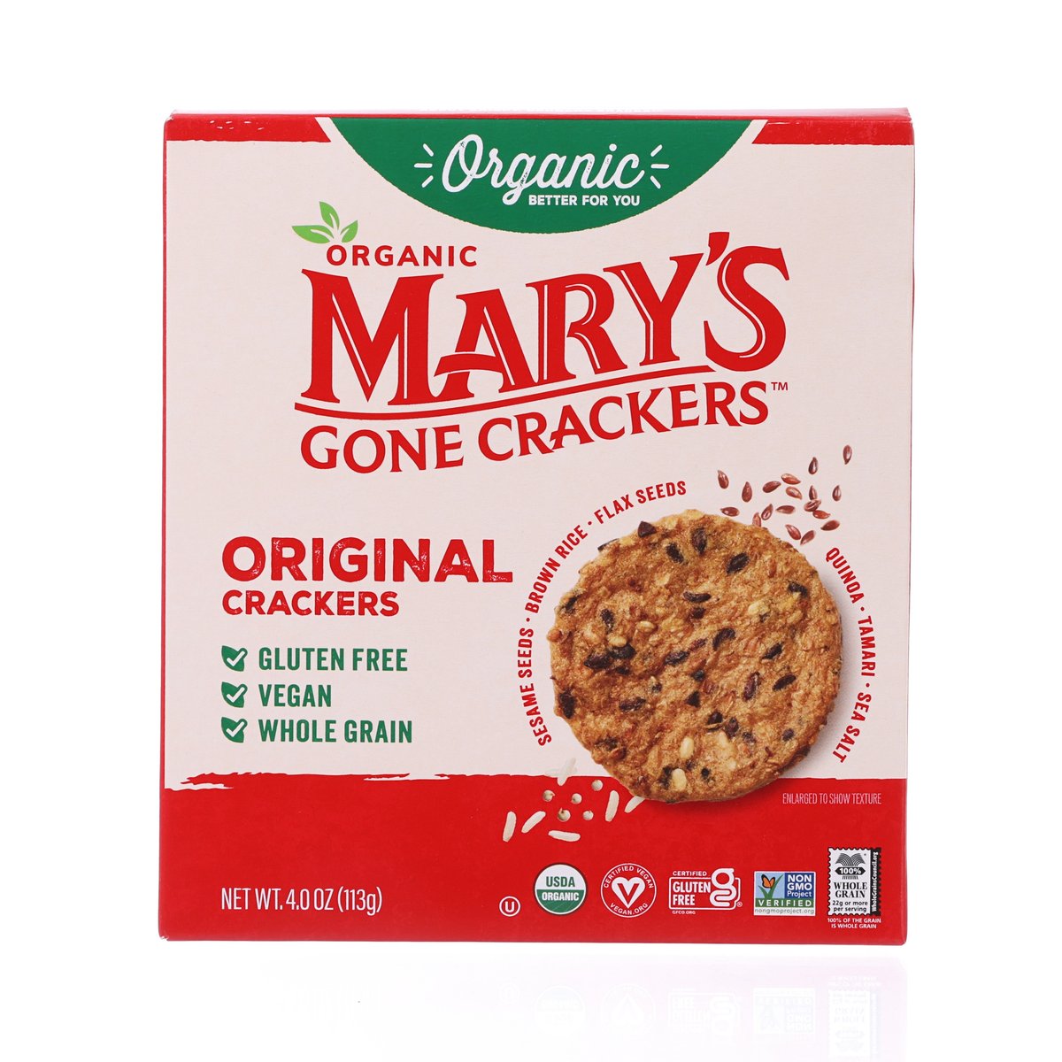 Original organic gluten-free crackers box, red-and-white with seeded cracker image