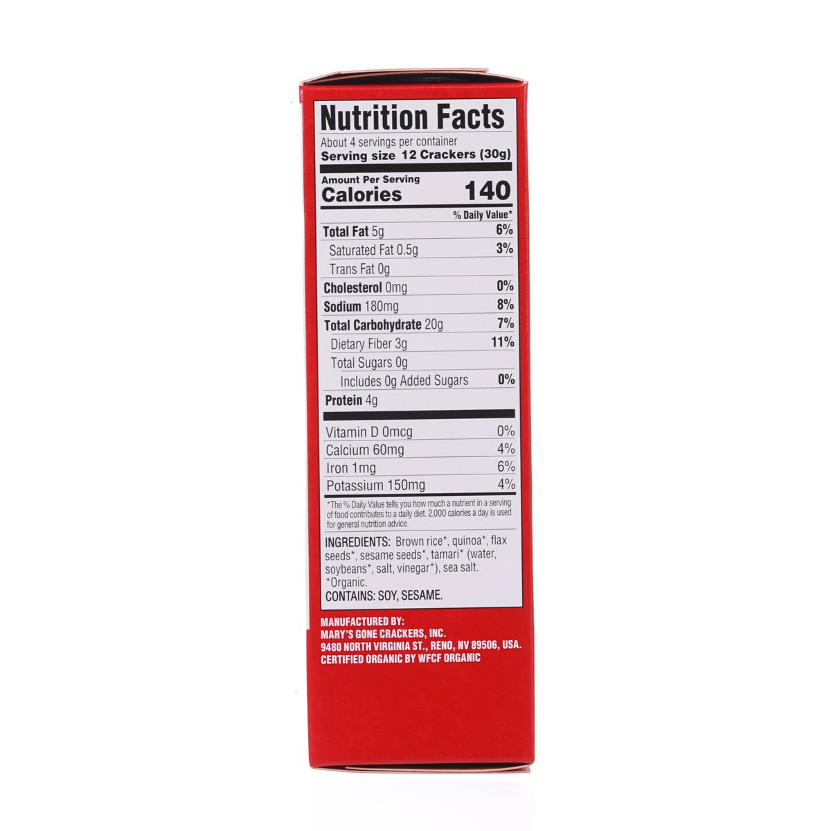 Nutrition facts panel on original gluten-free crackers box, red side panel