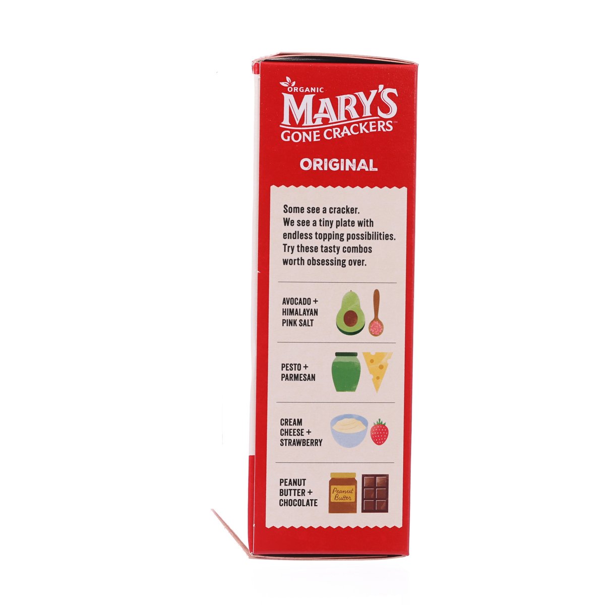MARY'S GONE organic original crackers box front, red package with snack flavor list