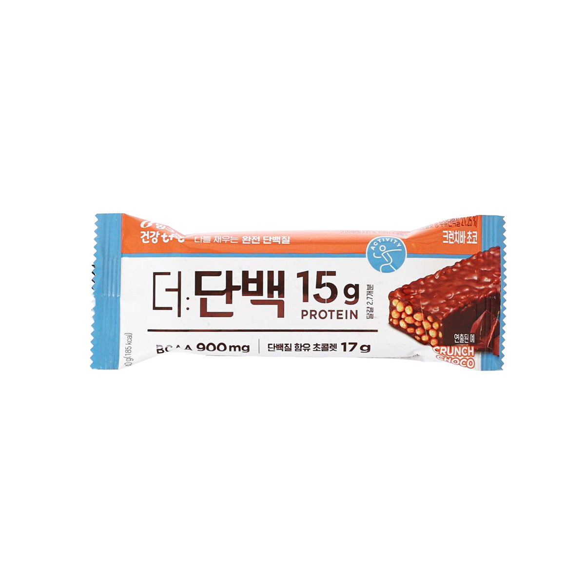 Chocolate protein crunch bar package with orange and blue wrappers