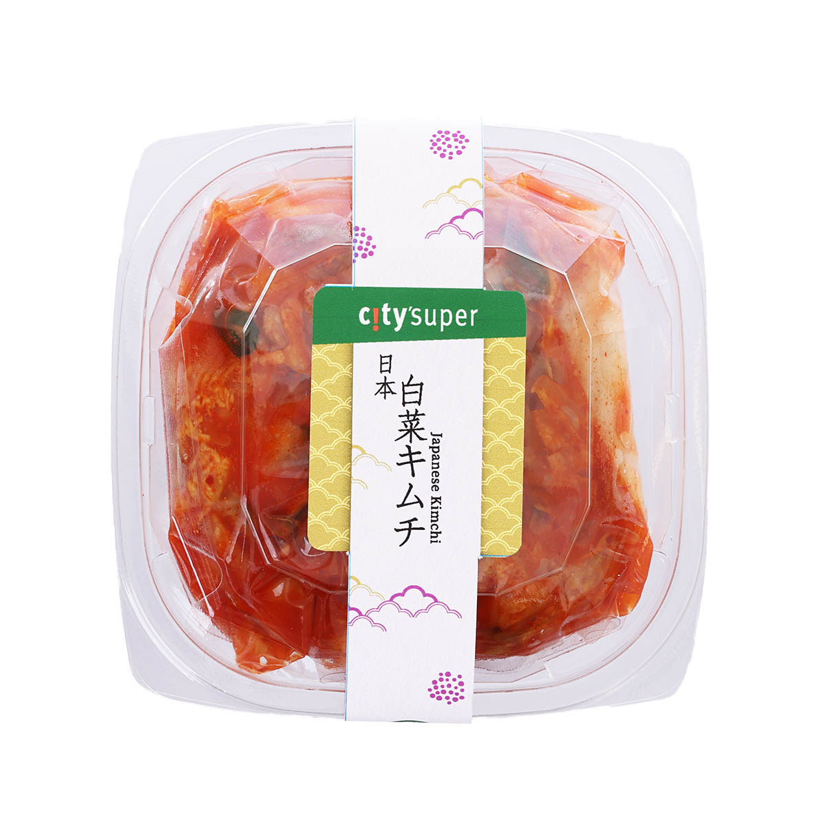 Packaged Japanese-style kimchi in clear plastic container with label, red-orange contents