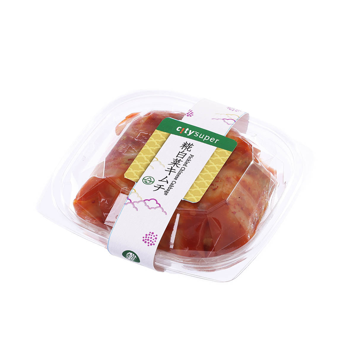 CITYSUPER kouji kimchi 150g, red-orange pieces in vented clear tray, angled view