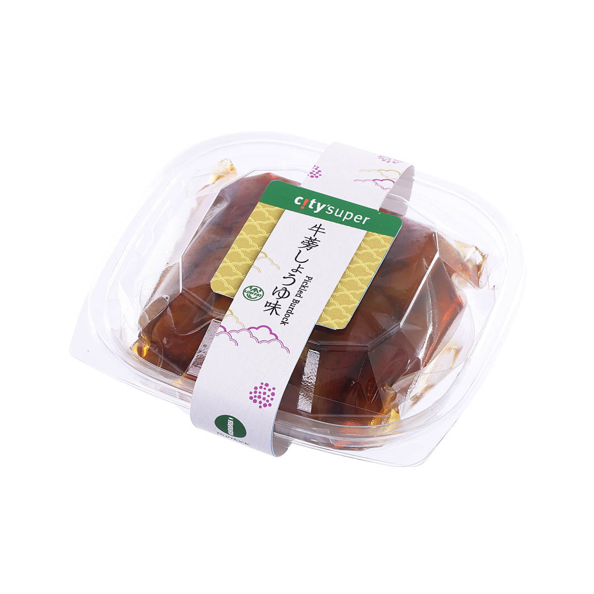 CITYSUPER soy sauce pickled burdock in clear plastic container with green label
