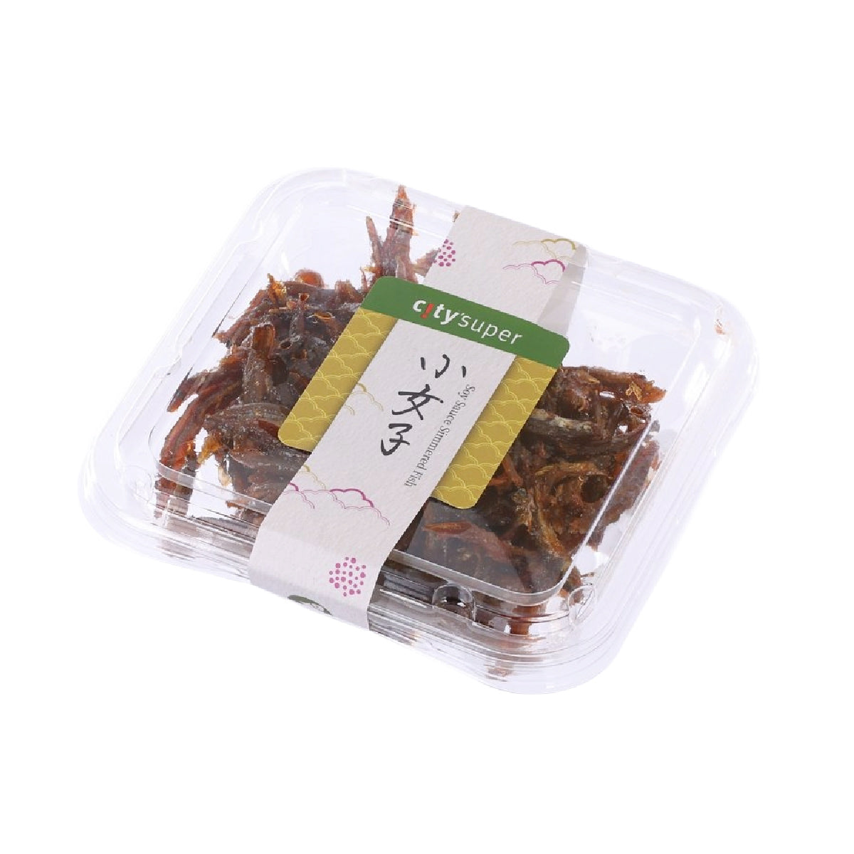 Angled soy sauce simmered fish in clear plastic tray with dark brown pieces, CITYSUPER KONAGO label