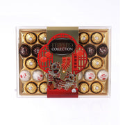 Assorted chocolate gift box with Ferrero Collection logo, open tray of chocolates