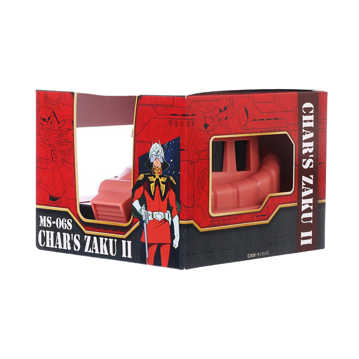 Red and black collectible chocolate case box with side window showing brown chocolate