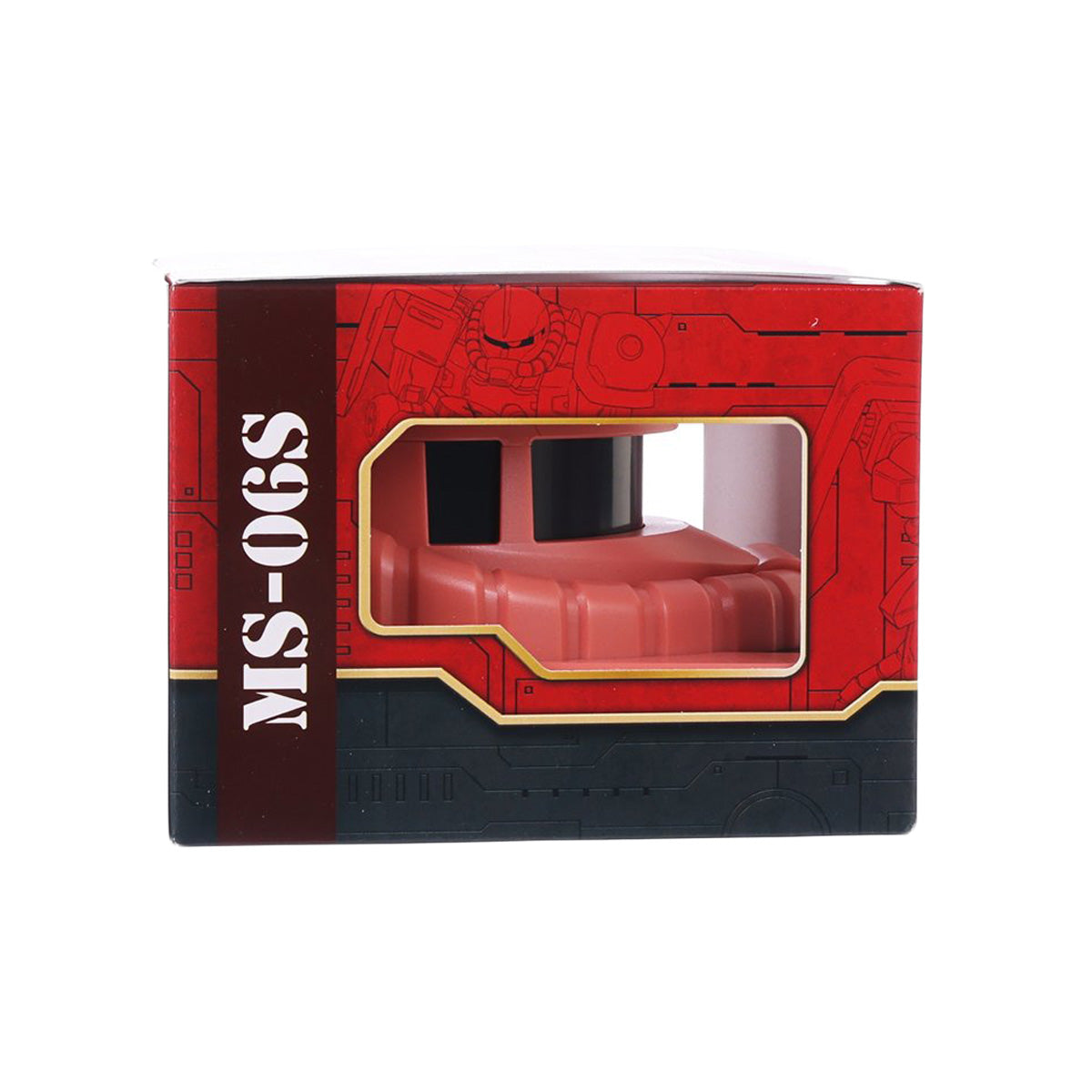 Red and black collectible chocolate case box with front window and MS-06S label