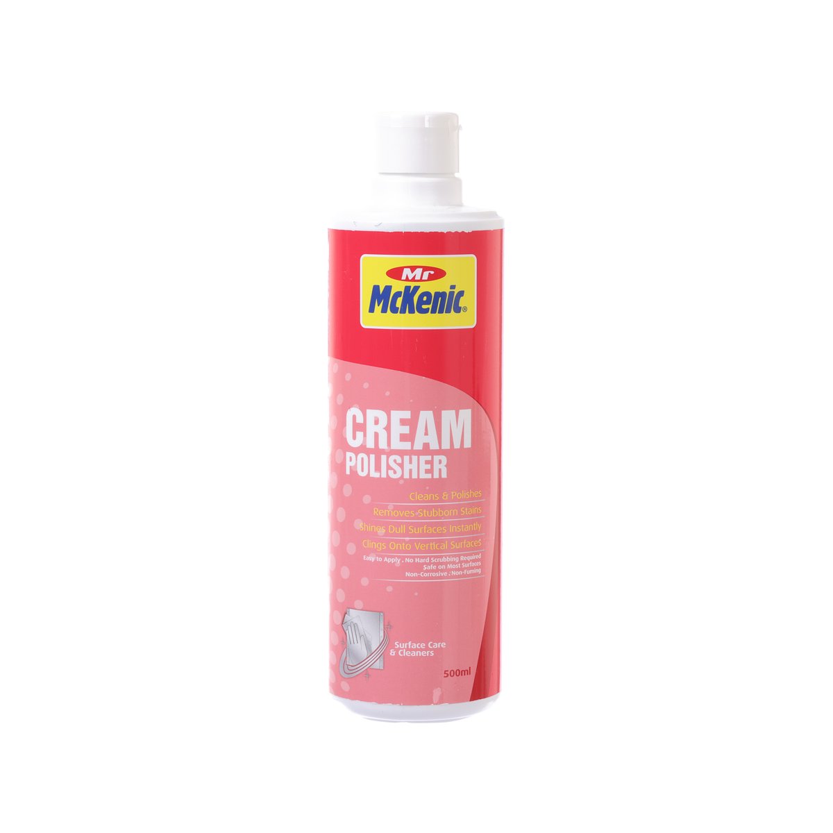 MR. MCKENIC Cream Polisher bottle, 500 mL, red-and-pink label with white cap