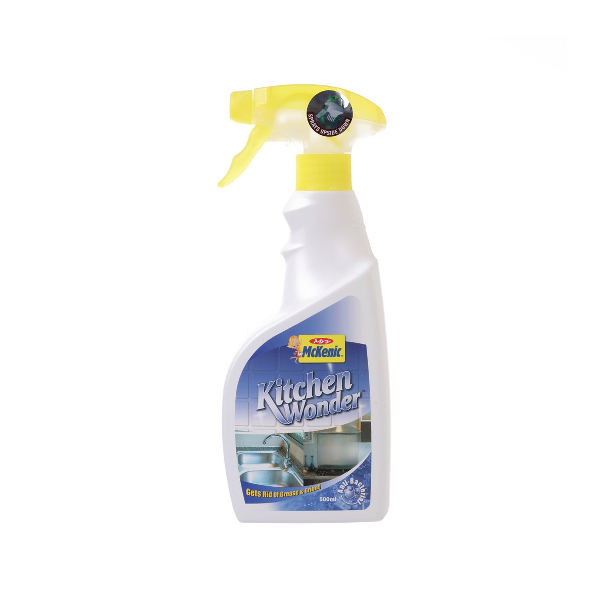 Kitchen cleaner spray bottle, 500 mL, yellow trigger, front label view