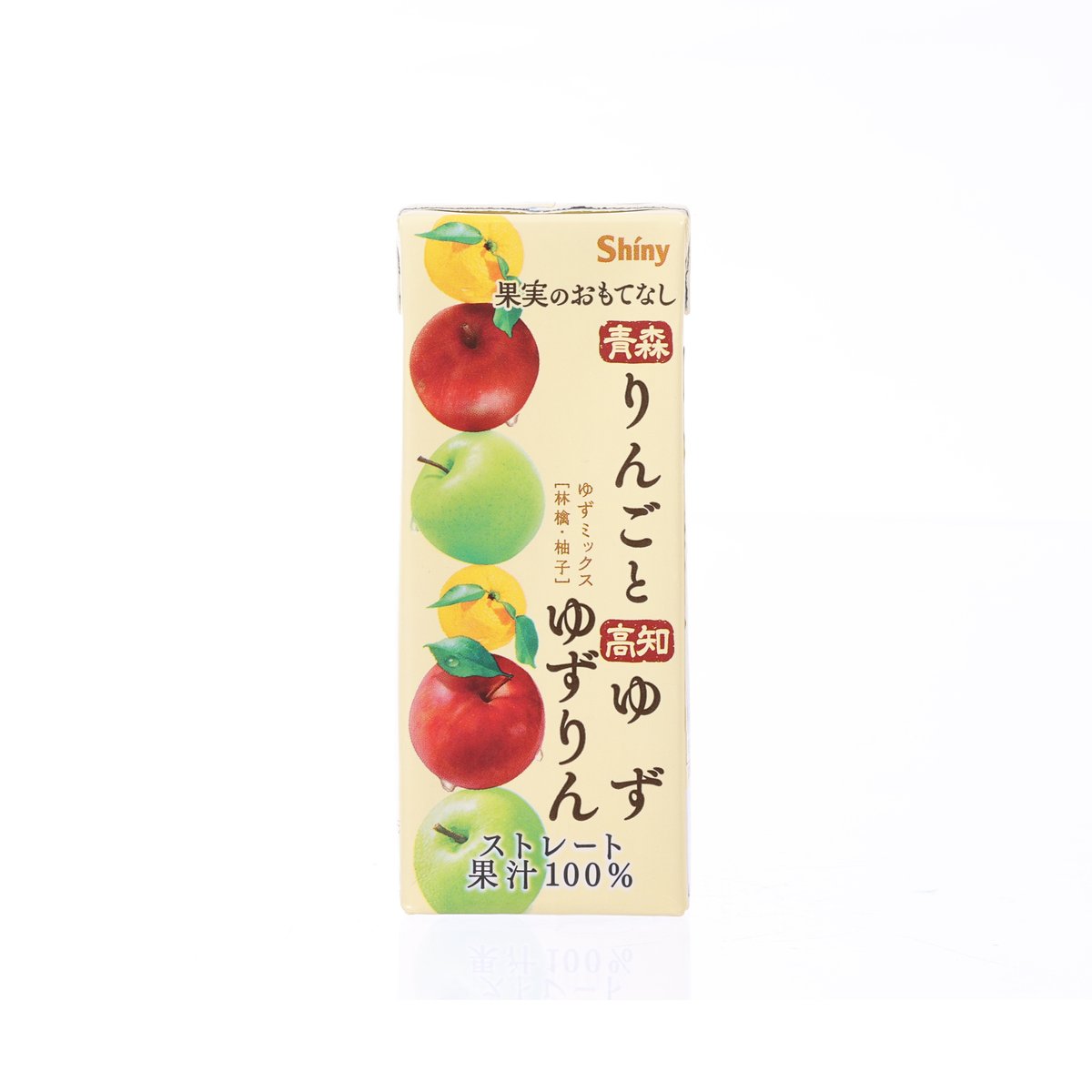 Apple yuzu 100% juice carton, front view with fruit illustrations and Shiny logo