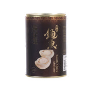 Canned abalone in brine, 6-pack; dark can with gold label and abalone shell