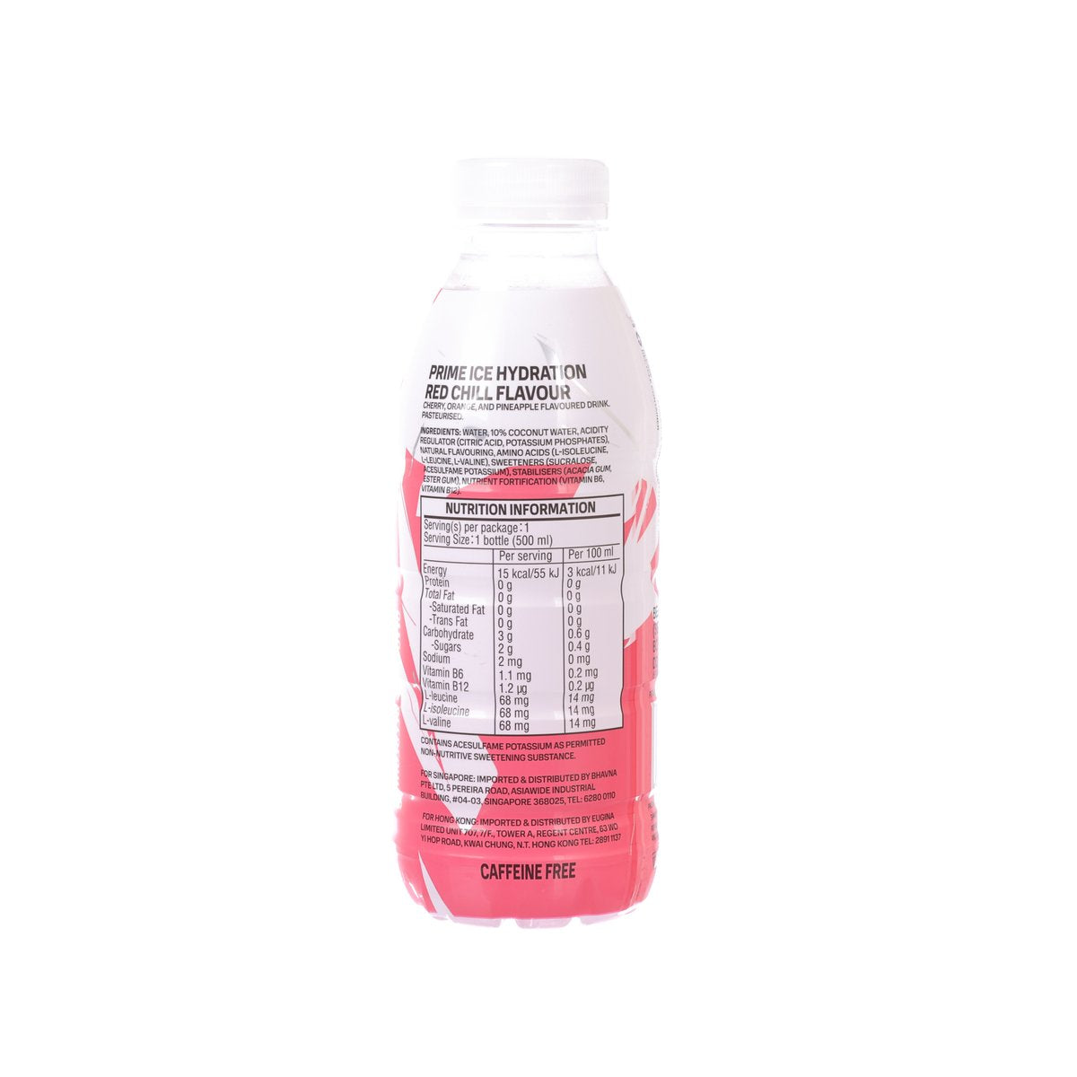 500 mL hydration drink bottle back view with nutrition and ingredient info
