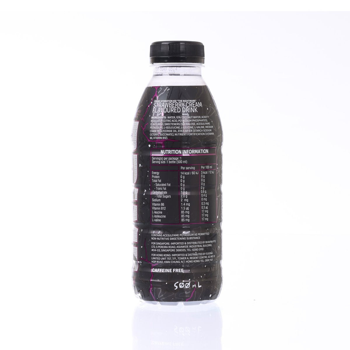 500mL hydration drink bottle, black, strawberry-cream flavor, nutrition label