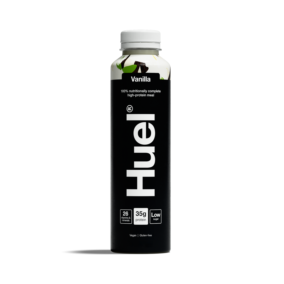 HUEL Vanilla high-protein meal drink bottle, black label, PET 500 mL