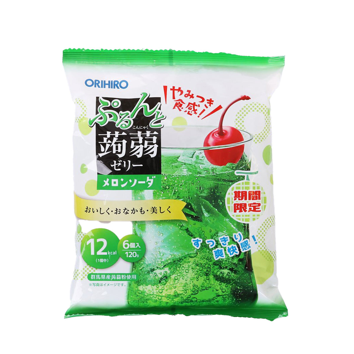 ORIHIRO melon soda konnyaku jelly pouch, green and white front label