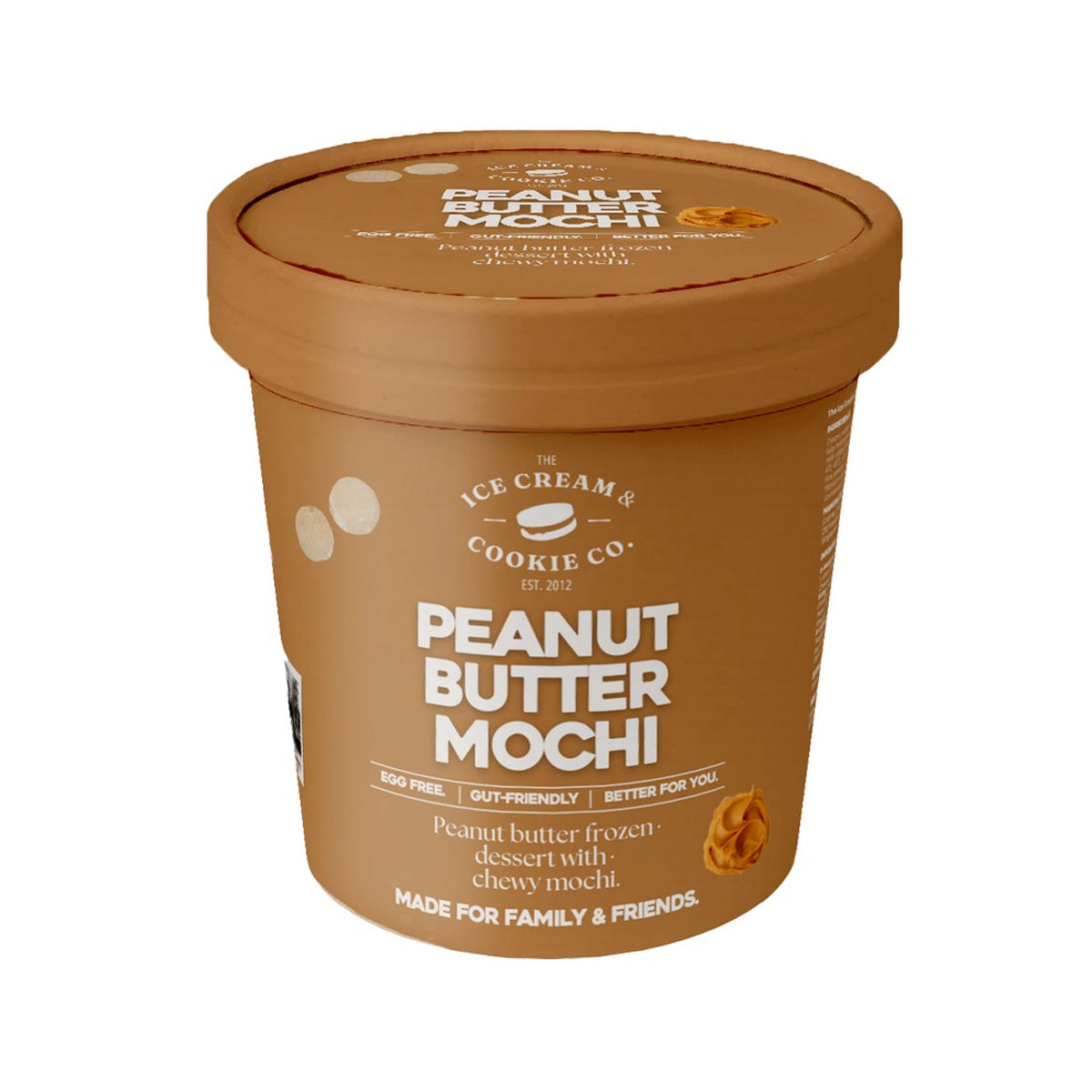 Peanut butter mochi frozen dessert mini cup with brown lid and label