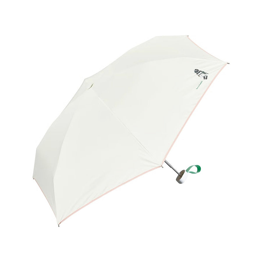 Off-white folding umbrella with green handle strap, 47cm compact size