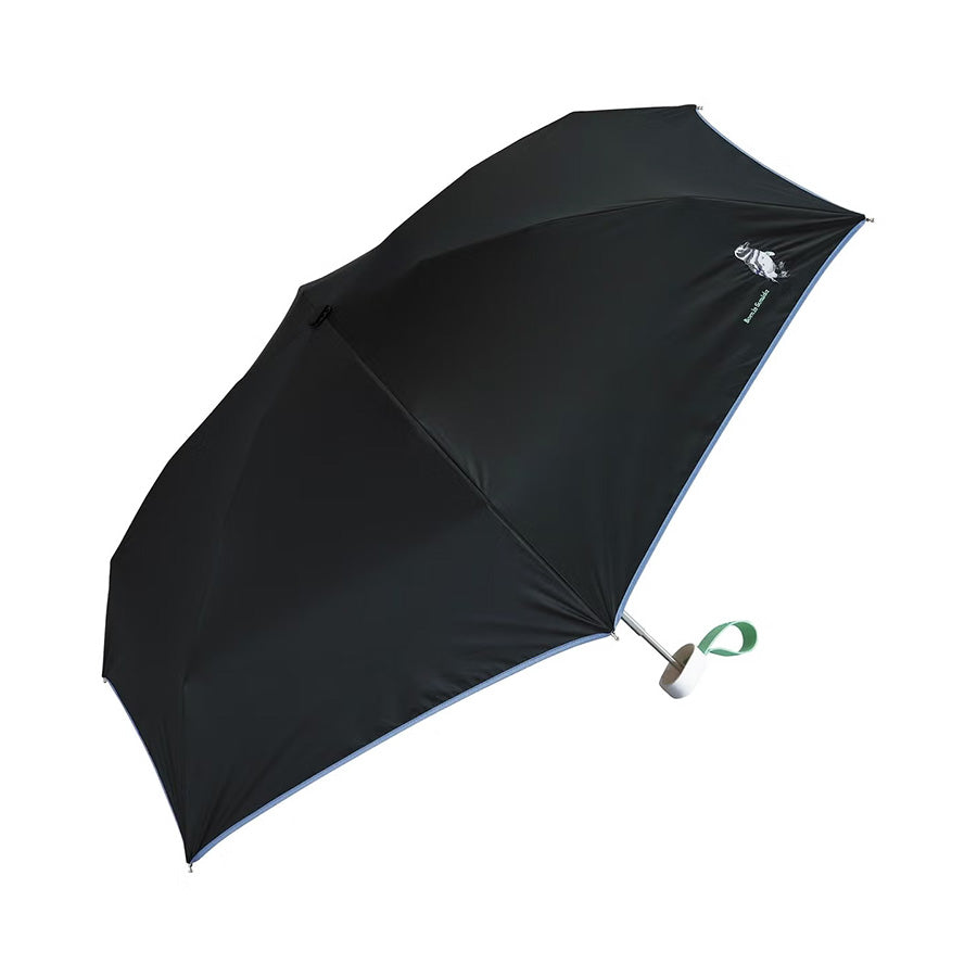 Black 47cm folding umbrella with green-and-white carry strap and compact handle