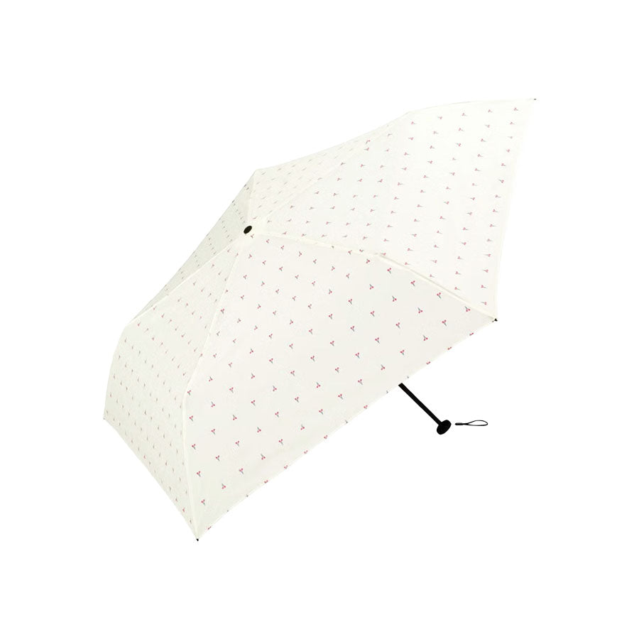 Cream folding umbrella with small cherry pattern and compact black handle strap