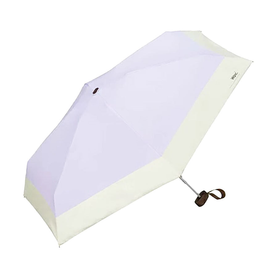 Tiny folding umbrella with pale lavender and light cream panels and small carrying strap