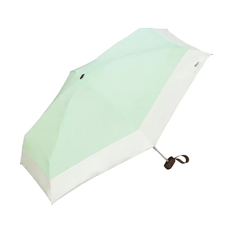 Mini folding umbrella with mint-green and white canopy, closed with strap handle