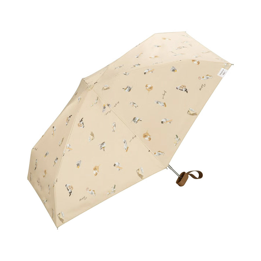 Mini folding umbrella, beige with cat pattern, 47cm