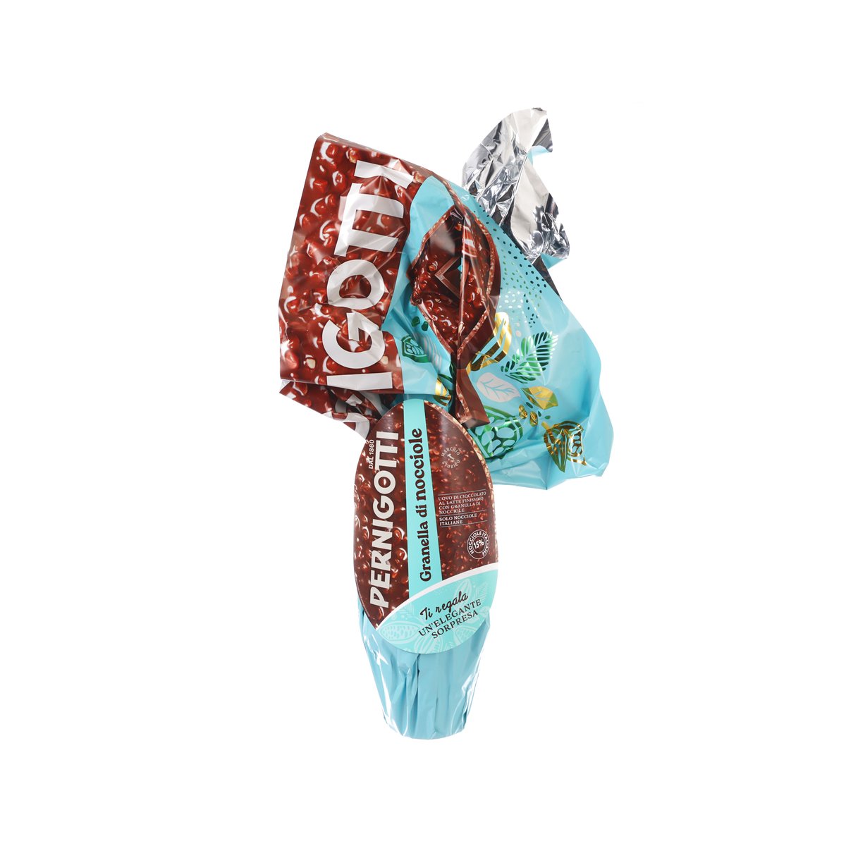 PERNIGOTTI milk chocolate egg with hazelnuts in blue foil wrapper