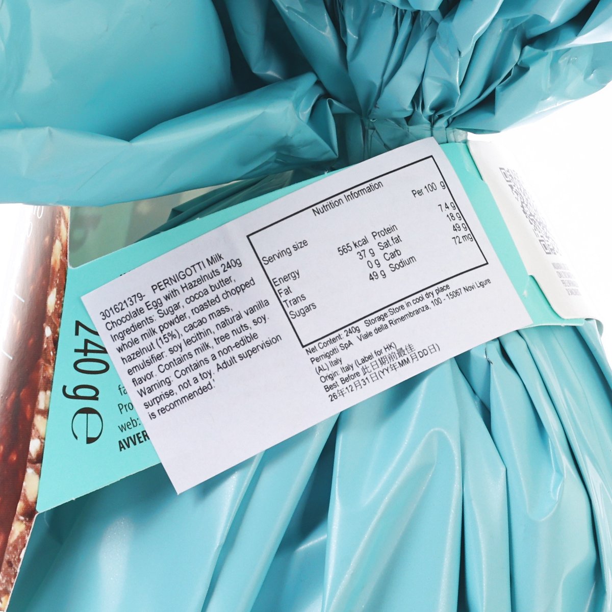 PERNIGOTTI milk chocolate egg wrapper with nutrition facts label