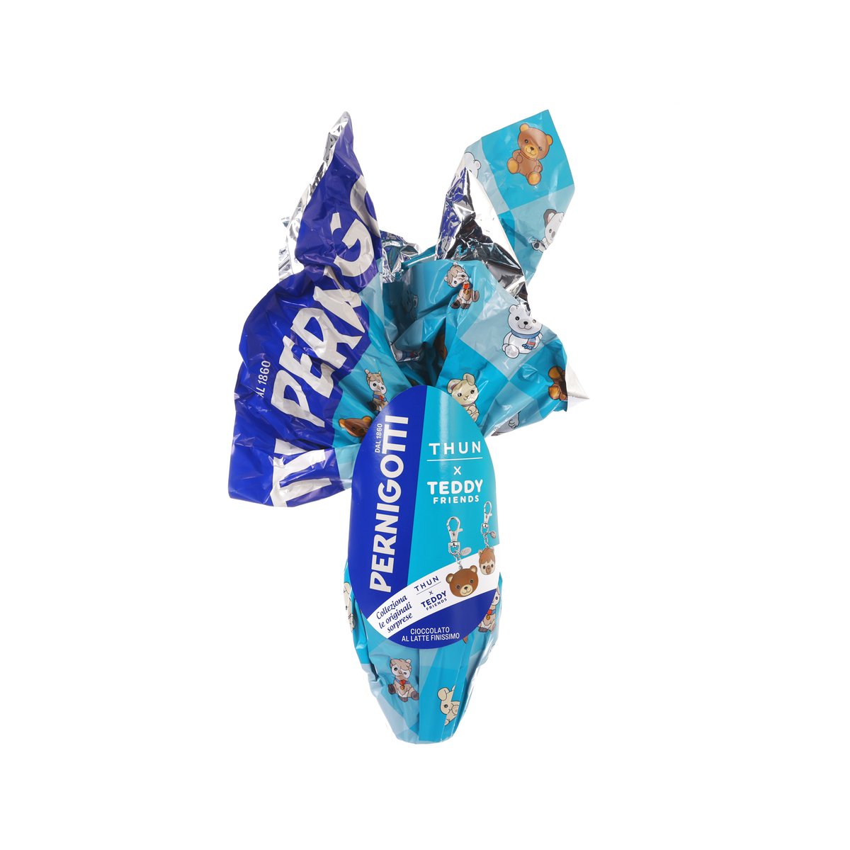 Milk chocolate egg in blue teddy-themed wrapper, PERNIGOTTI Thun x Teddy Friends.