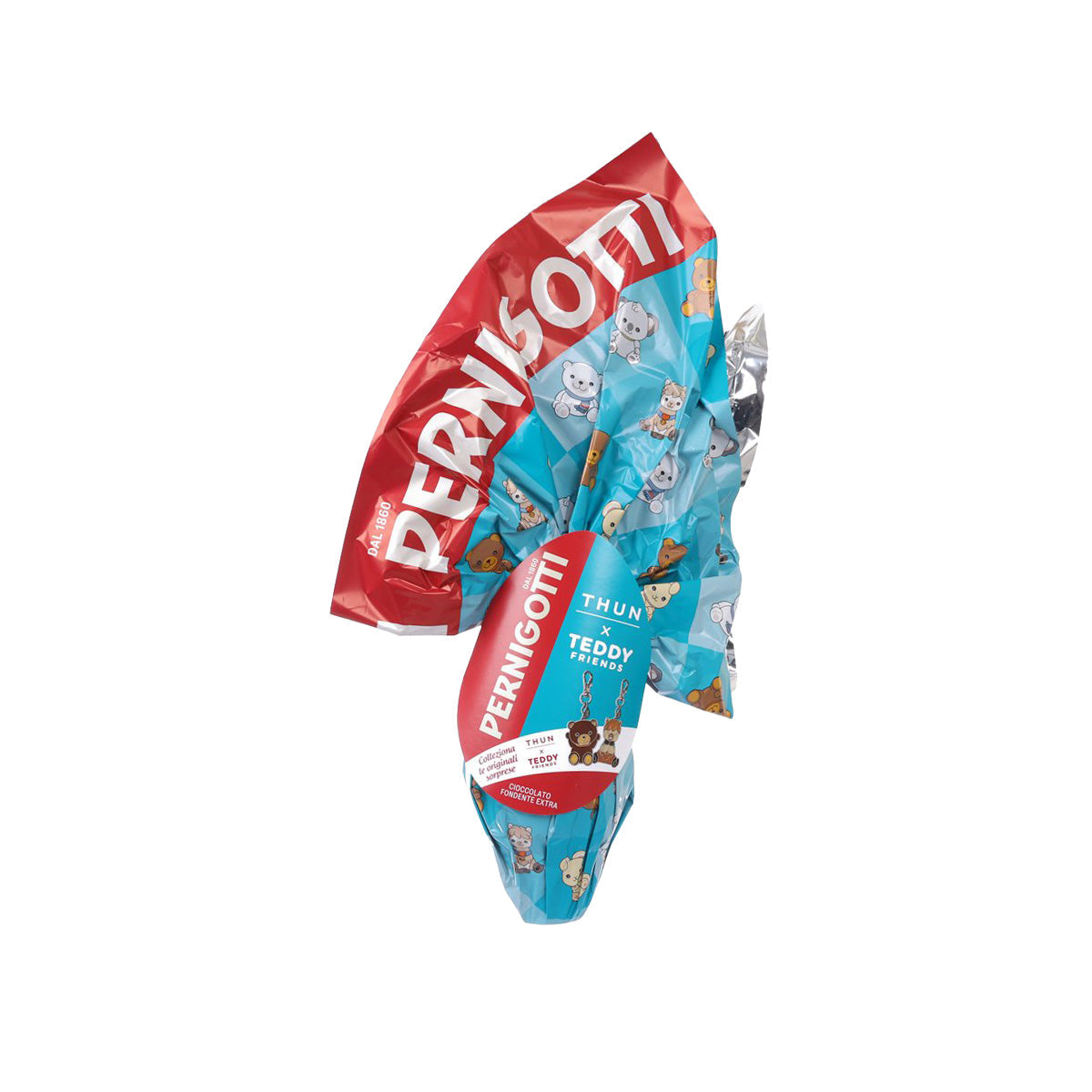 Wrapped dark chocolate egg with teddy friends print, PERNIGOTTI Thun x Teddy.