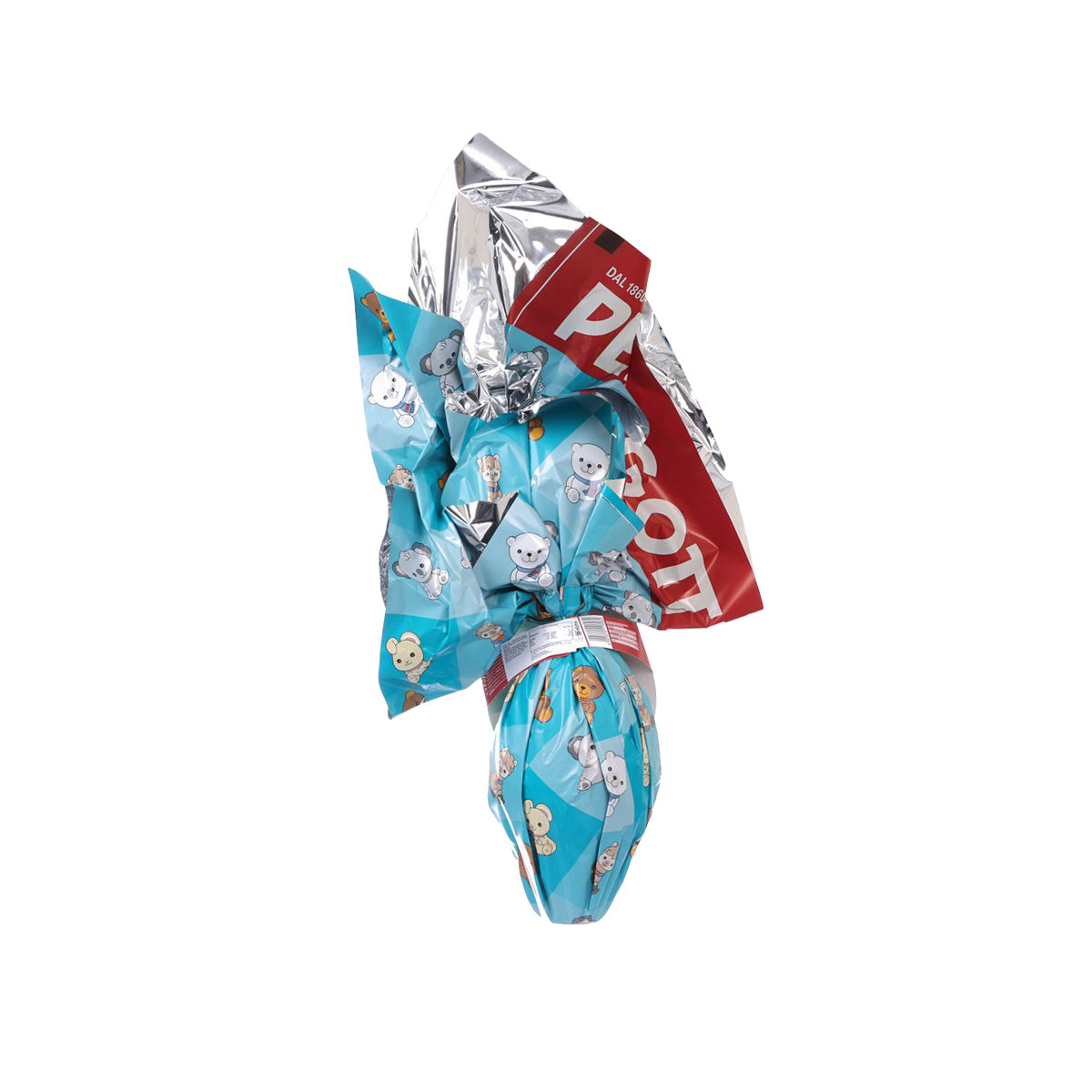 Silver-foil wrapped chocolate egg with teddy-face and PERNIGOTTI Thun x Teddy branding.