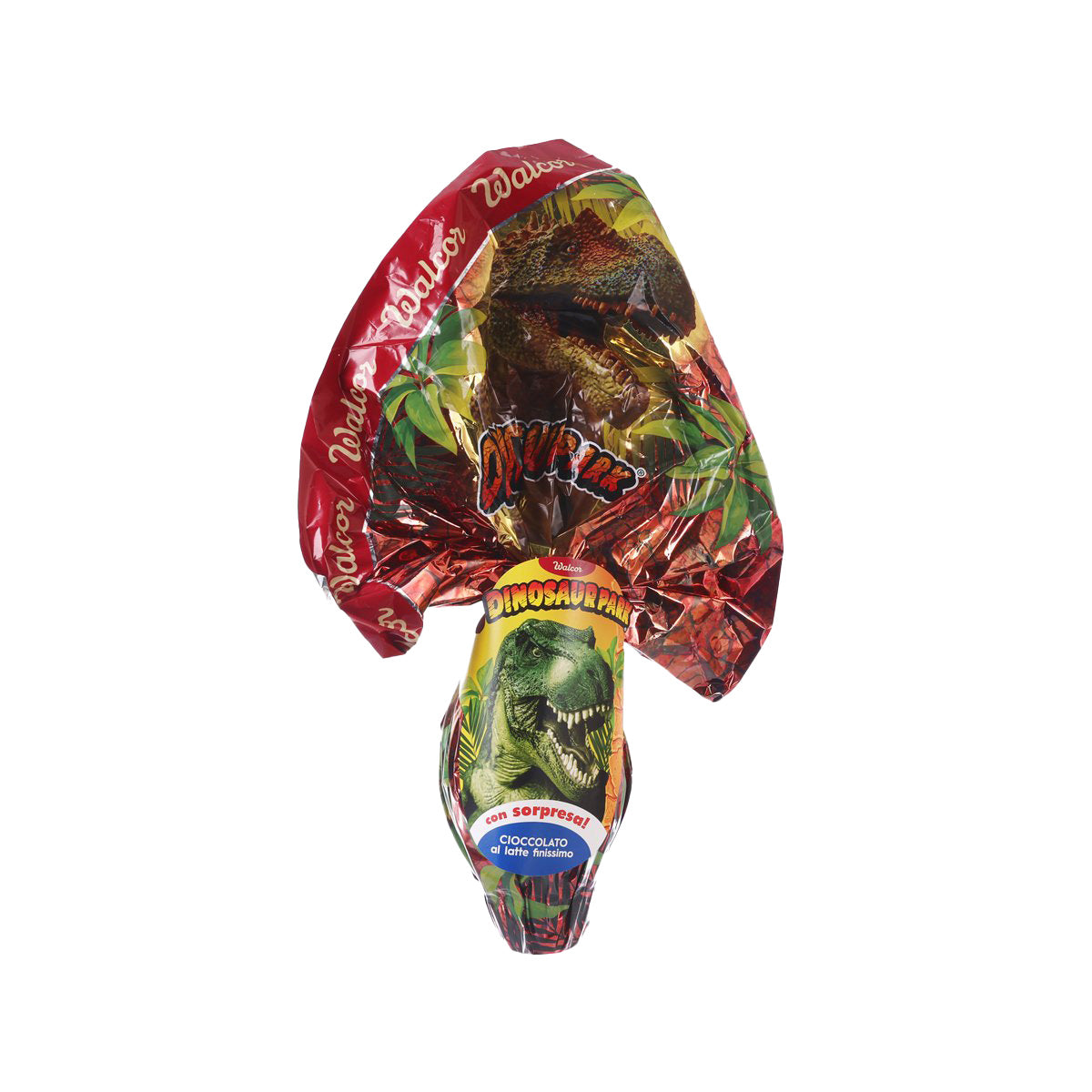 Milk chocolate egg in red foil wrapper with dinosaur artwork