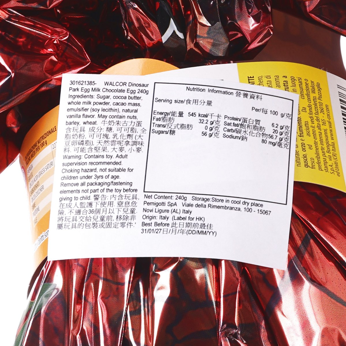 Nutrition label on milk chocolate egg foil wrapper with ingredients and servings