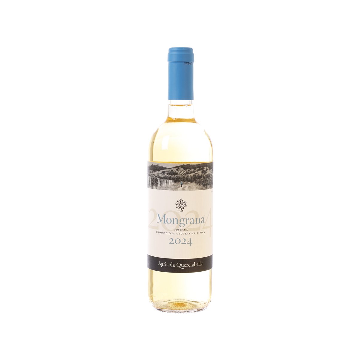 White wine bottle with blue cap and front label, 2024 vintage