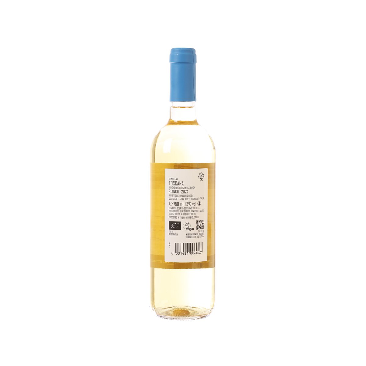 White wine bottle with blue cap and back label, 2024 vintage