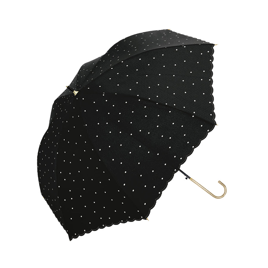 Black scalloped UV umbrella with tiny white dot pattern and curved hook handle