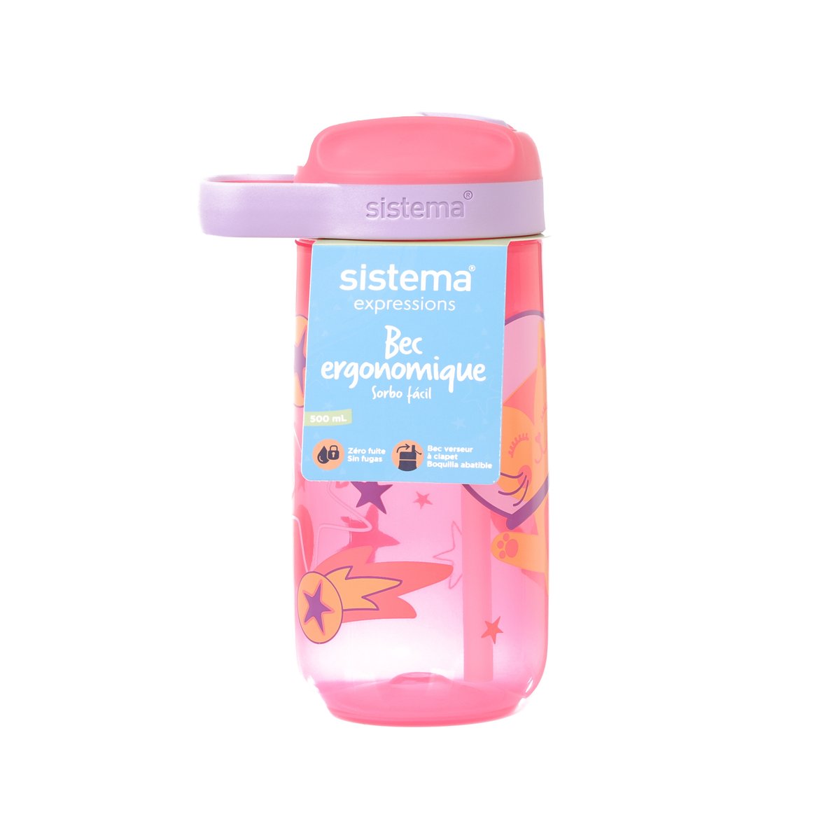 SISTEMA 500mL Easy Sip water bottle with pink cat-themed graphics and purple lid