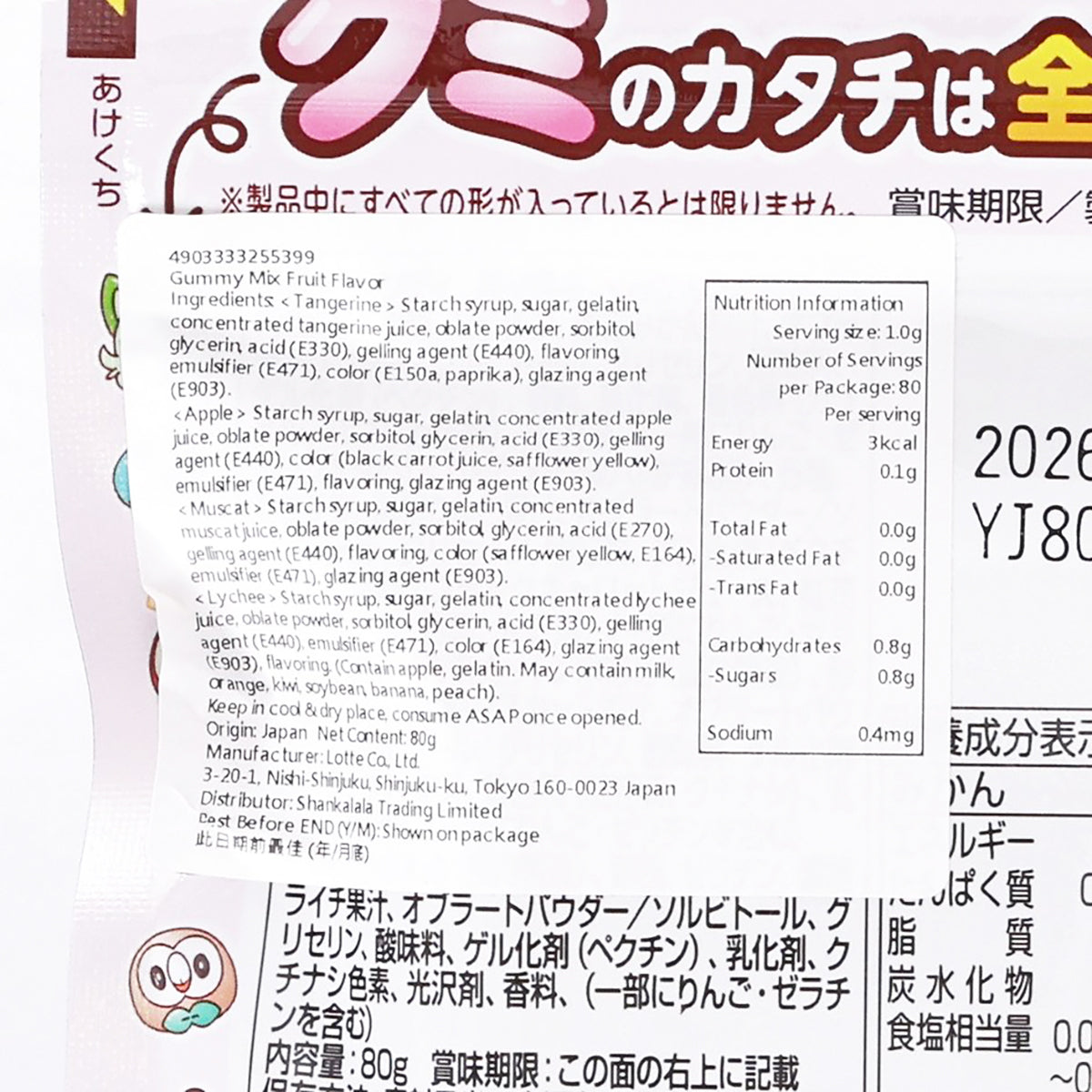 Gummy nutrition facts and ingredient list on the pouch back
