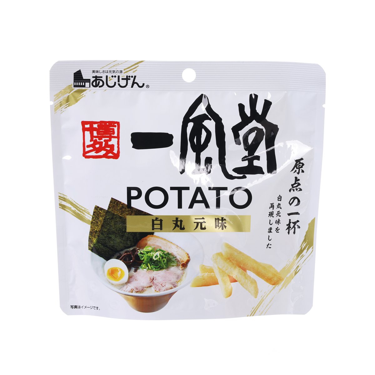 Potato stick snack pouch with ramen flavor front label