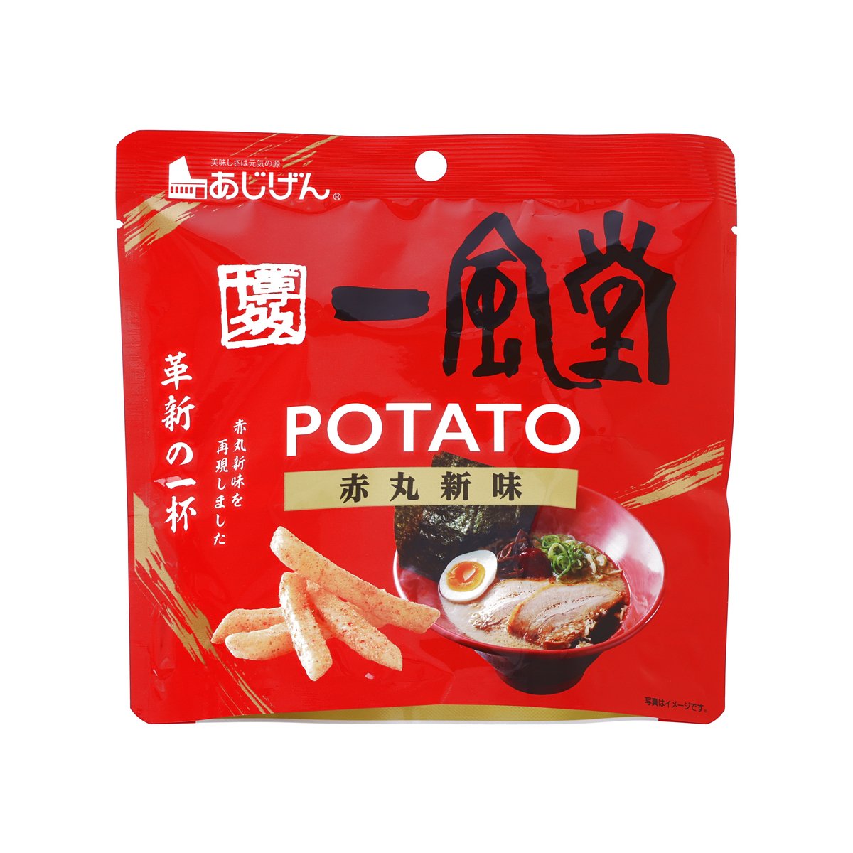 Red packaged potato stick snack with ramen flavor, front graphic and brand mark