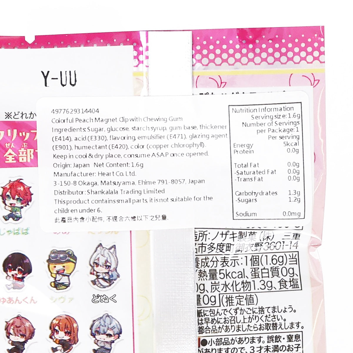Close-up label on character pouch with ingredient information and small figures