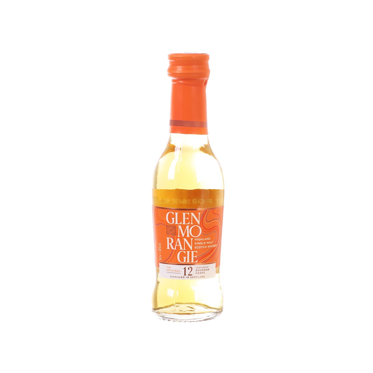 GLENMORANGIE 12-year single malt whisky bottle, orange label and neck