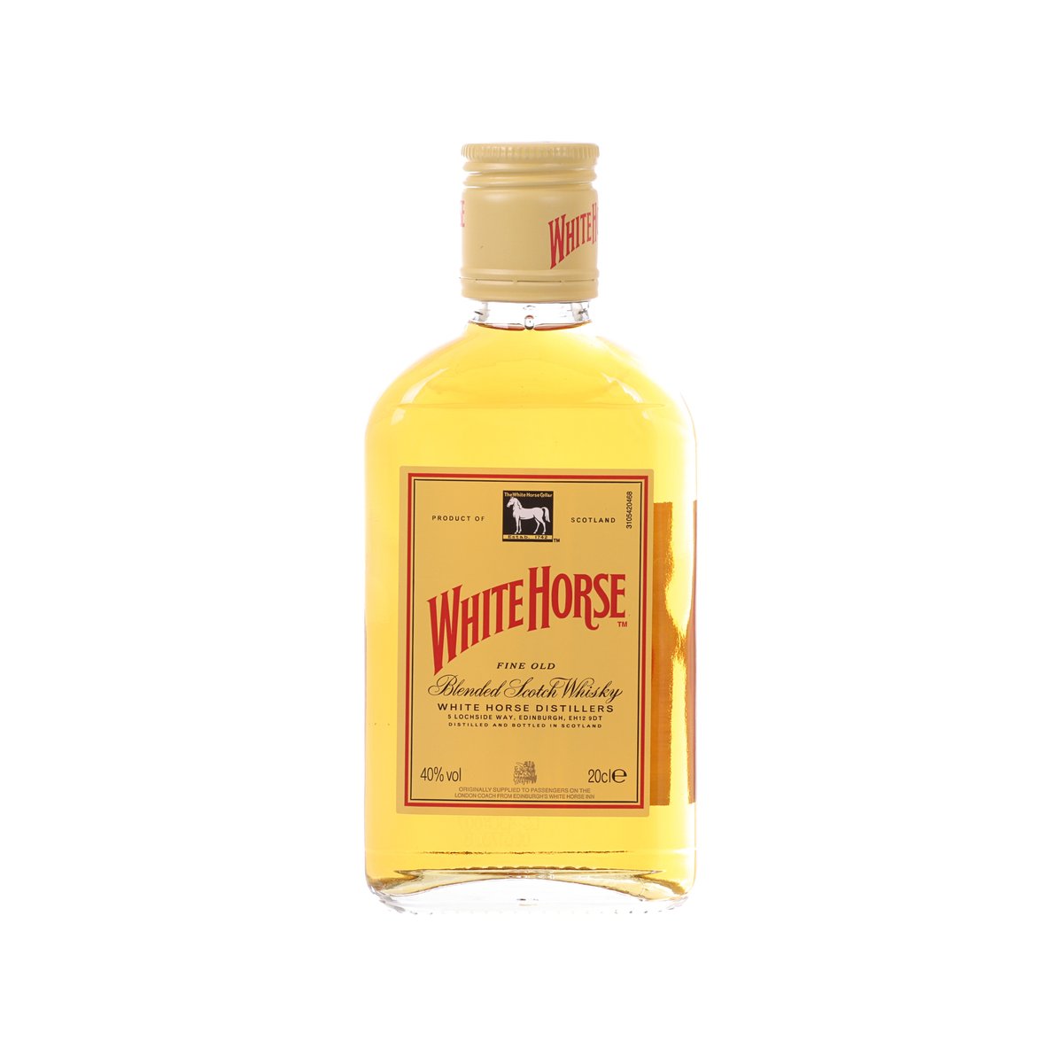 Blended Scotch whisky bottle, White Horse label, clear amber liquid, 200 mL