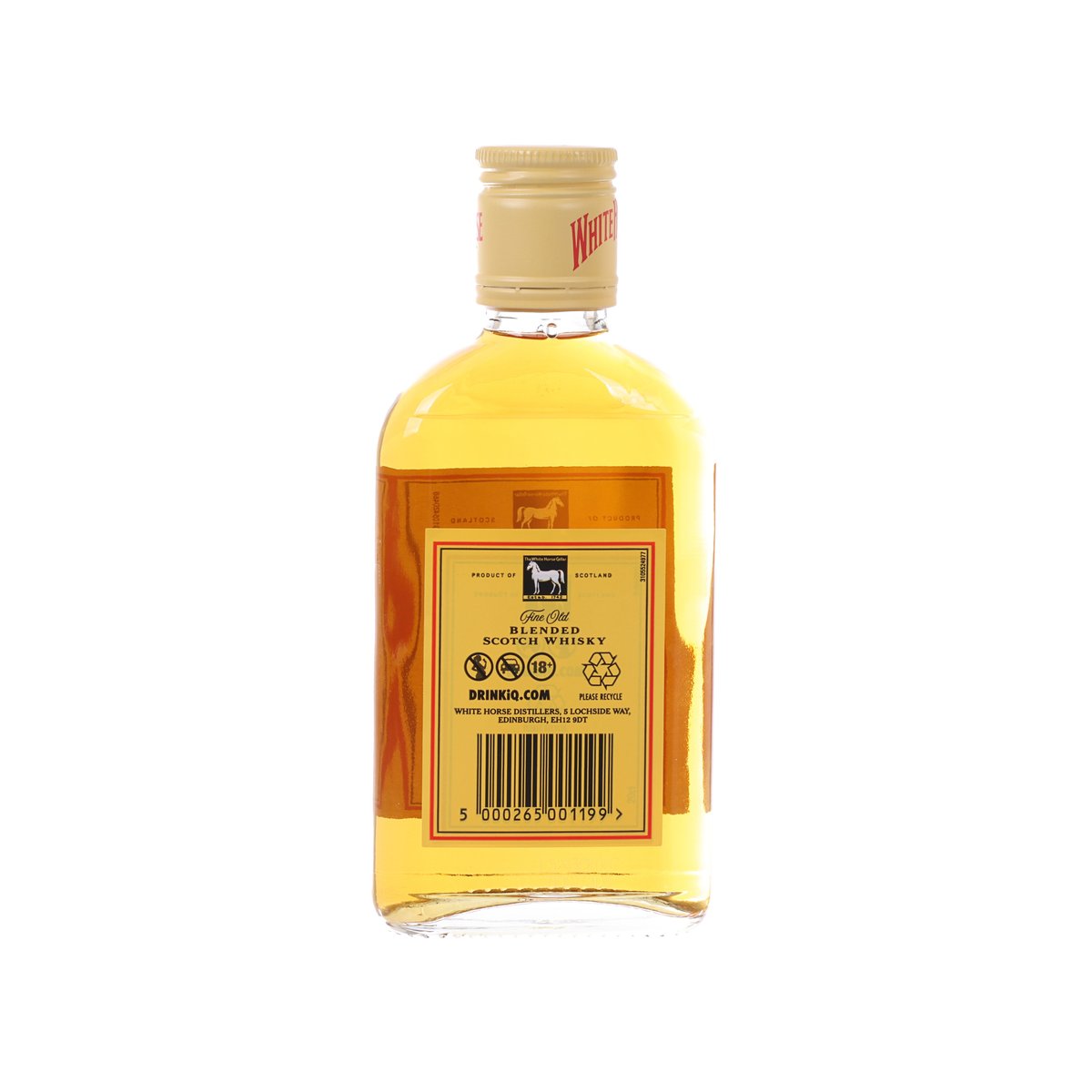 Blended Scotch whisky bottle, White Horse back label, amber liquid, 200 mL