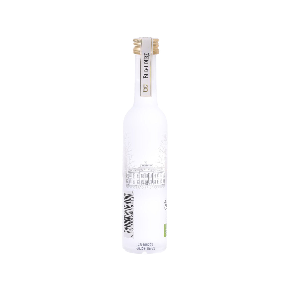 BELVEDERE Pure Organic Vodka 50 mL bottle with back label, barcode, and neck cap
