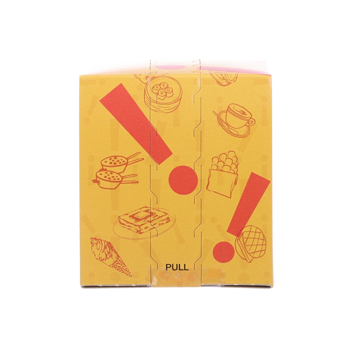 FUKUSAYA Castella cube package, yellow box with red icons and 'PULL' tab