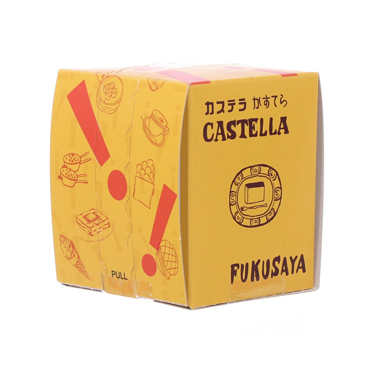 FUKUSAYA Castella cube package, yellow box with red CASTELLA and FUKUSAYA labels